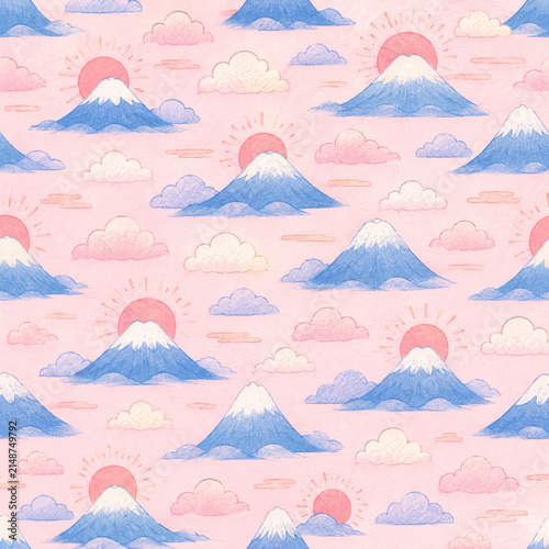 Cute Mount Fuji Sunrise and Clouds Seamless Japanese Pattern