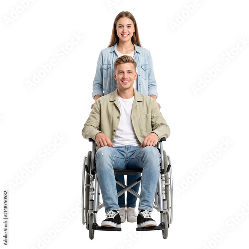 Couple in Wheelchair, Woman Pushing Man, Happy, Isolated, Transparent Background