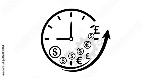 Time is Money Concept: Clock with Currency Symbols and Growing Arrow