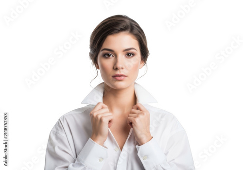 Beautiful young woman in white shirt isolated on transparent background