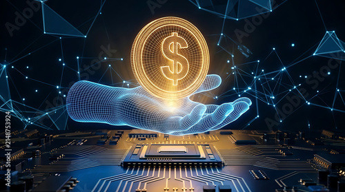 Digital dollar coin held by cybernetic hand representing fintech and global financial security with currency technology cybernetic blockchain investment security business innovation