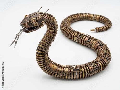 Steampunk 3D Render of a Mechanical Robotic Snake with Brass Gears and Industrial Cybernetic Details on White Background