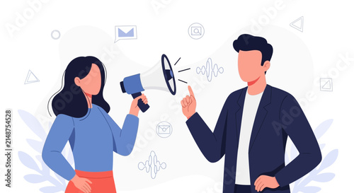 Diverse team communicating important messages with megaphone and voice waves, promoting engagement and announcements in a modern flat vector illustration style.