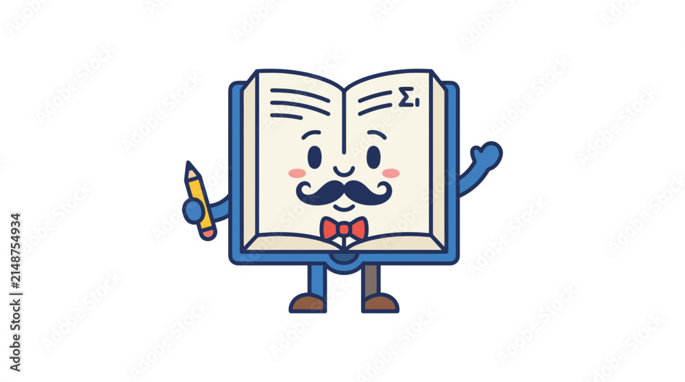 Naklejka premium Cute Cartoon Book Character with Pencil and Mustache - Isolated