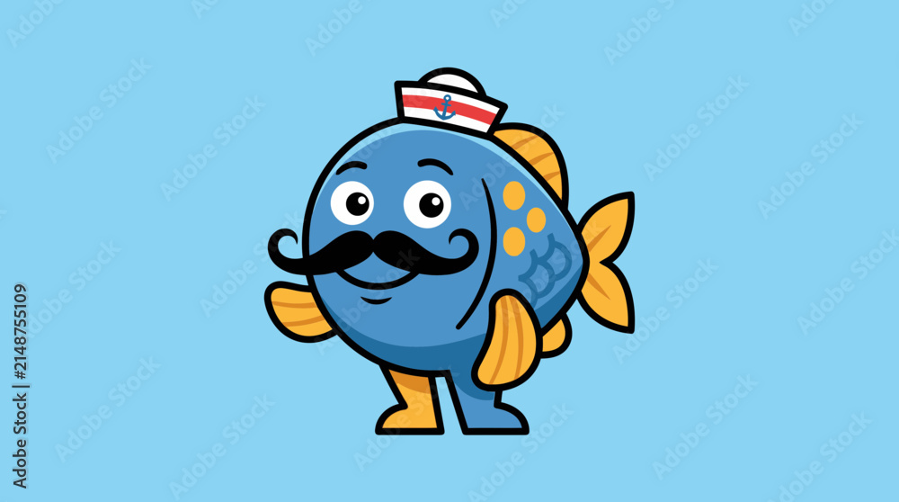 Fototapeta premium Cute Cartoon Fish Character Wearing Sailor Hat and Moustache