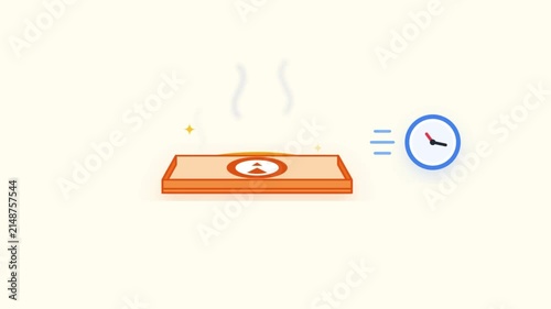 A hot pizza box opening slightly with animated curling steam rising and a small clock icon pulsing next to it to represent fast delivery