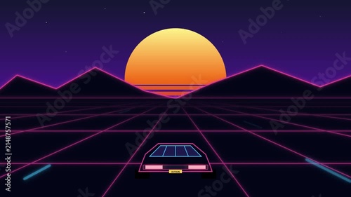A retro synthwave animation of a sports car driving on a neon wireframe grid toward a glowing sunset horizon