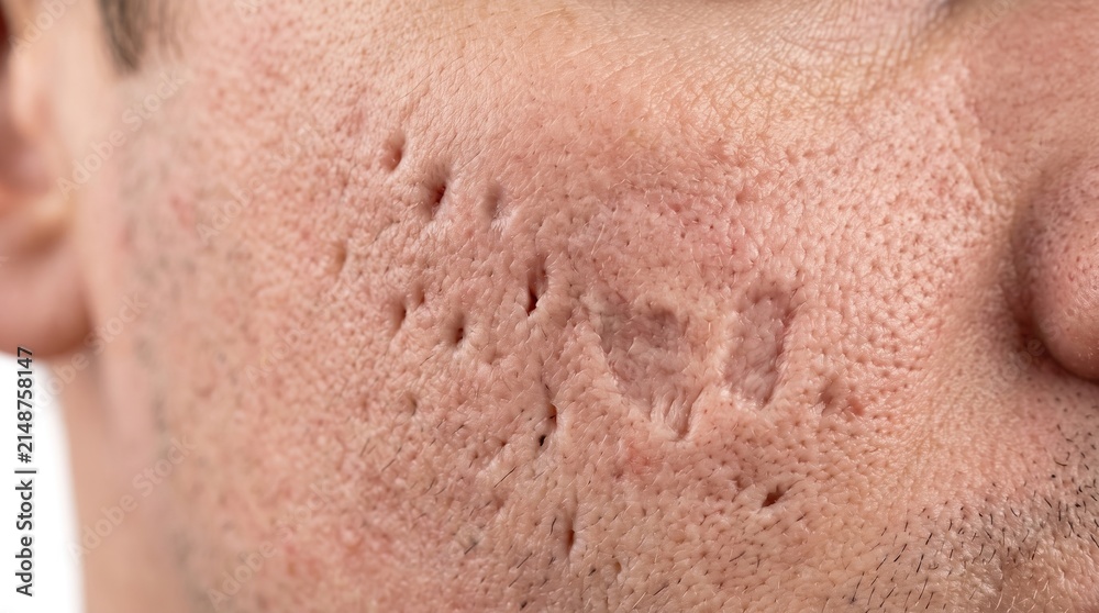 Fototapeta premium Atrophic Ice Pick and Boxcar Acne Scars Micro Texture on Male Cheek Skin