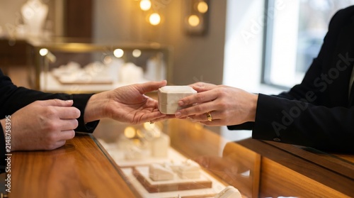 Close up of a salesperson handing a jewelry gift box to a customer across a boutique counter.