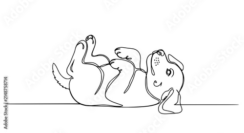 Cute dog line art, playful puppy rolling on back, isolated on transparent background
