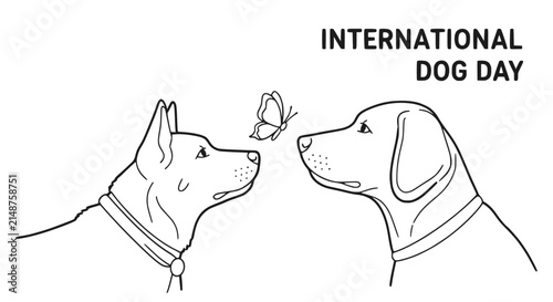 International Dog Day: Two Dogs and Butterfly, Line Art, Transparent Background