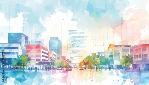 Watercolor cityscape with modern buildings river.