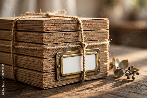 Rustic kraft paper notebooks stack with vintage brass label holder and jute twine on reclaimed wood table with eucalyptus