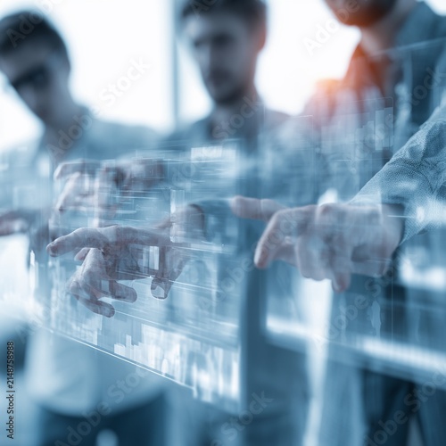 Business Team Collaborating with Transparent Digital Interface in Modern Smart Office