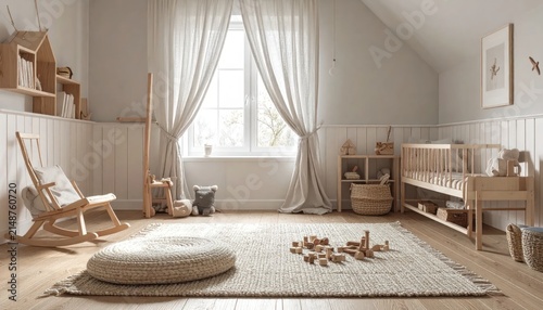 nursery room with wooden furniture toys.