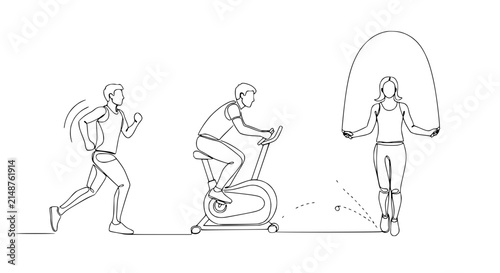 Diverse Fitness Activities: Running, Cycling, Jump Rope - Isolated Line Art