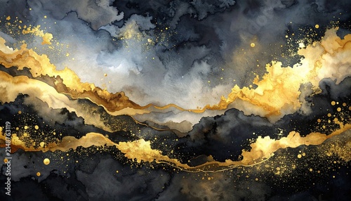 Abstract black and gold watercolor background. Luxury ink wash texture with golden glitter.
