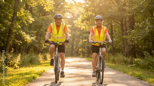 Active senior man and woman cycling on paved forest trail wearing high visibility safety vests and helmets for healthy retirement lifestyle marketing