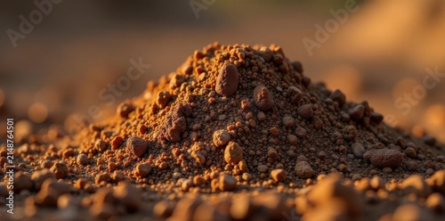 Mound of loose, dry soil, various shades of brown, clay, soil, material