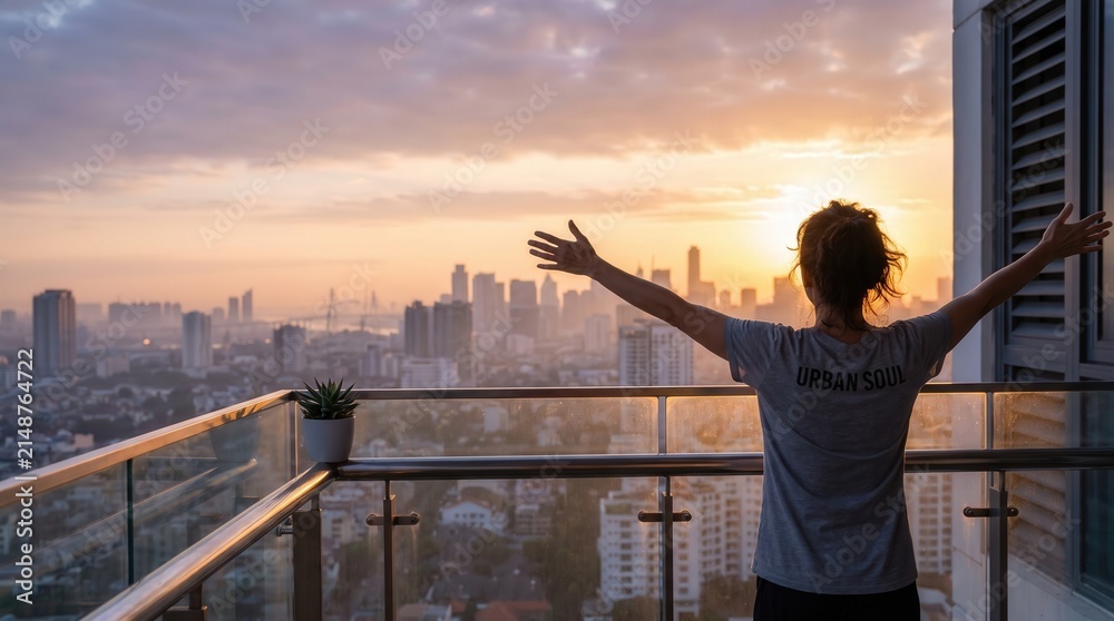 Fototapeta premium Woman standing on high-rise balcony with outstretched arms at sunrise overlooking misty city skyline for urban wellness and success campaigns