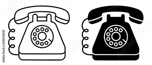 Vintage rotary dial telephone minimalist icon in outline and silhouette style, for UI/UX app design