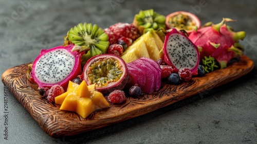 Vibrant assortment of fresh exotic fruits arranged on a wooden platter