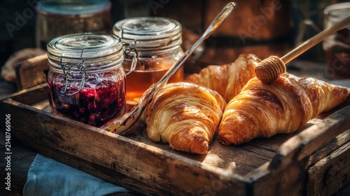Breakfast still life croissants jars of preserves and honey on a tray