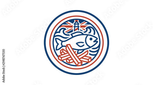 Traditional food emblem with fish chips and lighthouse symbol