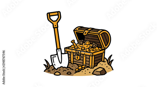 Treasure chest full of gold coins and gems with shovel unearthing