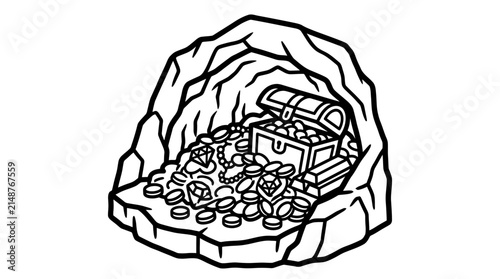 Treasure chest filled with gold coins and jewels inside cave