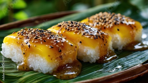 Close up of mango sushi with sesame seeds on a green leaf