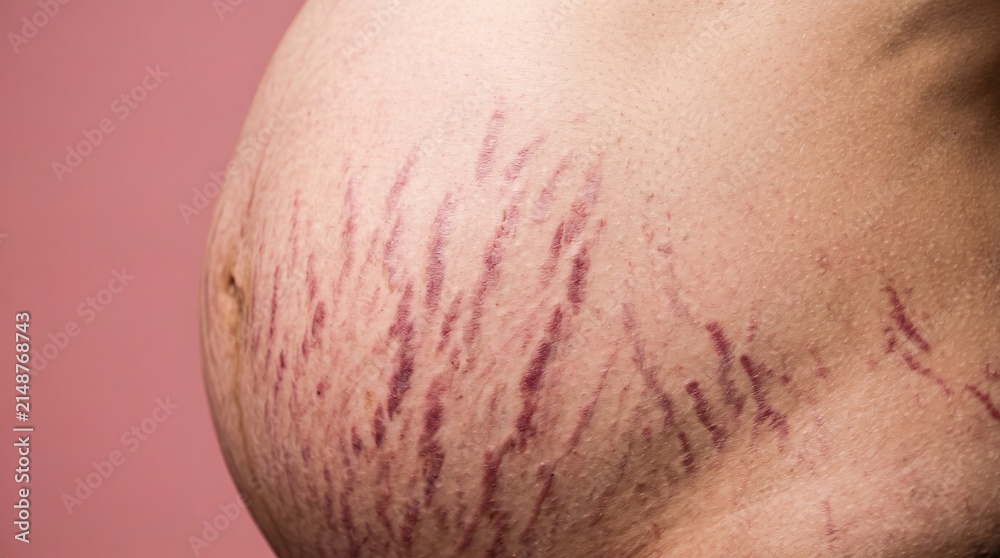 Naklejka premium Red Purple Stretch Marks Striae Rubrae Lines on Pregnant Woman Belly Skin