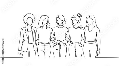 Diverse group of women, continuous line art, friendship, solidarity, empowerment