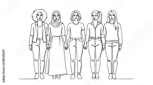 Diverse women line drawing, holding hands, diversity, unity, empowerment, isolated