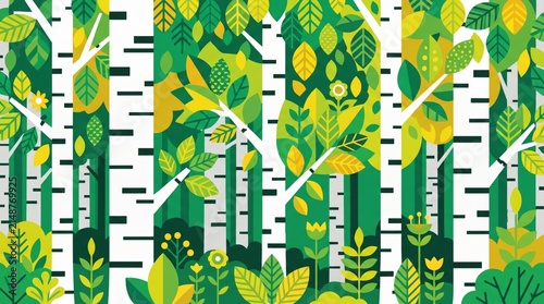 Russia patterns illustrated as a forest landscape with birch trees and geometric flowers, seamless