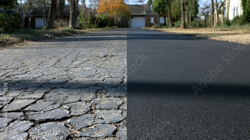 Split image cracked old asphalt driveway beside freshly paved surface
