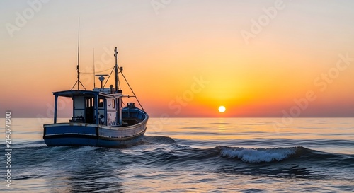 Fishing Boat Sails Towards Sunrise Over Calm Ocean Waves.