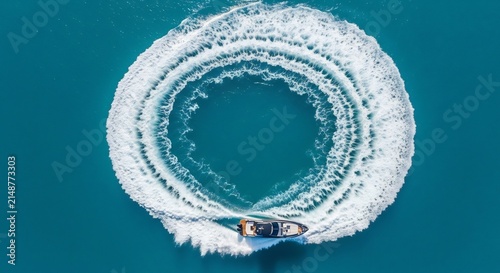 Aerial View of a Boat Creating a Circular Wake on Turquoise Water.