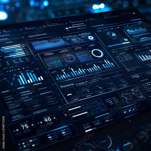 Futuristic dashboard UI background with data panels, blue tones, clean design, copy space.