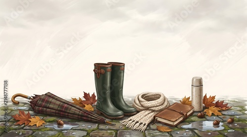 Rainy day outdoor footwear and accessories arrangement