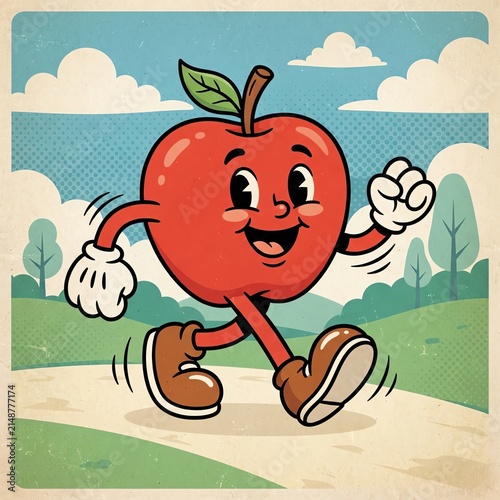 Cartoon Apple Character Walking in Nature Scene.