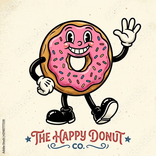 Cartoon Happy Donut Character Waving with Text.