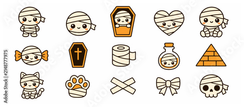 Cute Cartoon Mummy Characters With Halloween Items Collection.