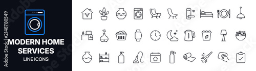 Modern home services line icon set featuring cleaning, laundry, household appliances, furniture, maintenance, kitchen, home care and domestic service symbols in minimal outline style.