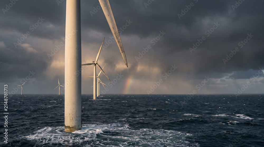 Obraz premium Offshore wind farm turbines standing in the ocean under a dramatic stormy sky with a faint rainbow.