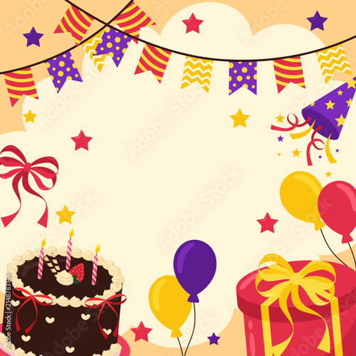 Birthday Celebration Background with Cake, Balloons and Gift Box