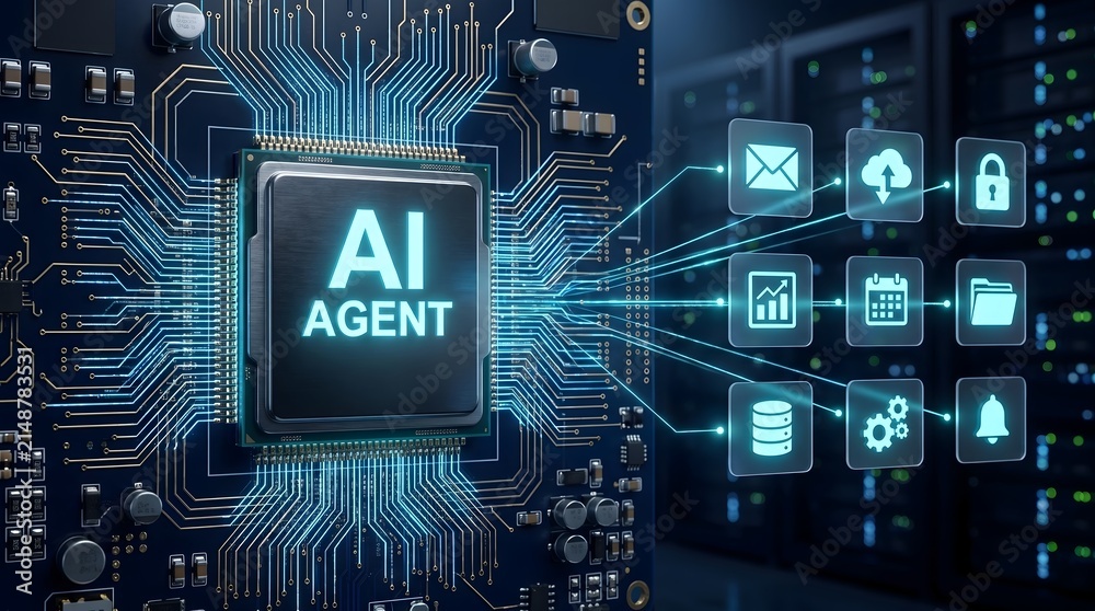 Fototapeta premium Microchip processor with glowing text and holographic application icons. Concept of artificial intelligence automation, server infrastructure, and cloud computing.