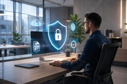 Digital Security Shield: A man wearing glasses works on his computer in a modern office setting, with a glowing digital shield and padlock icon overlaid.
