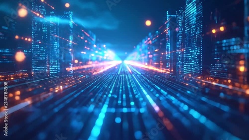 Abstract futuristic digital cityscape with glowing blue and orange data lines and light trails converging into the distance