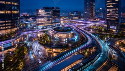 Urban Crossroads: A vibrant cityscape at night, featuring a complex network of illuminated roads and modern architecture, illustrating the pulse of urban life and connectivity.